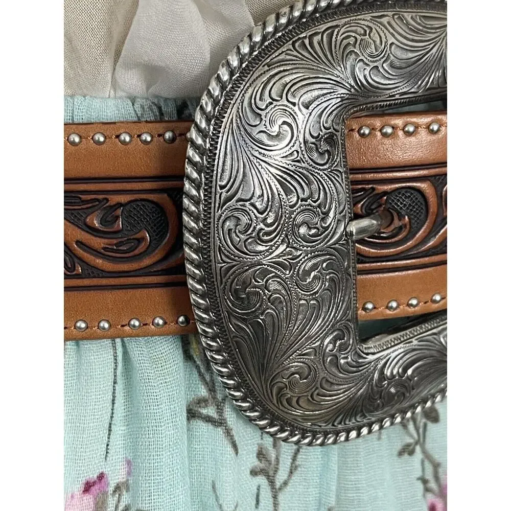 Justin Women's Belt Western Leather Vintage Unisex Sz  28-30 TAN Brown Tooled